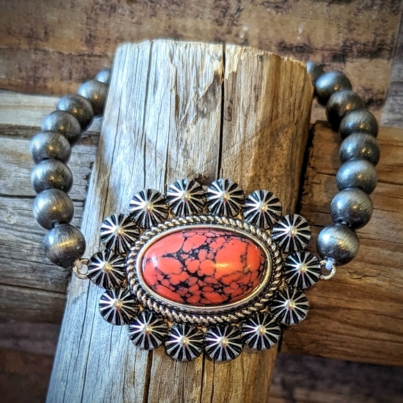 Hand Crafted Jewelry - NWT Boho Western Handcrafted Beaded Bracelet W Red Stone & Dark Grey Beads